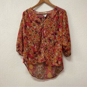 Anthropologie Figs & Flower Sheer Red Floral 3/4 Sleeve Blouse Sz S